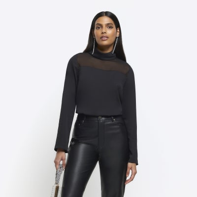 River Island high neck mesh puff sleeve top in black