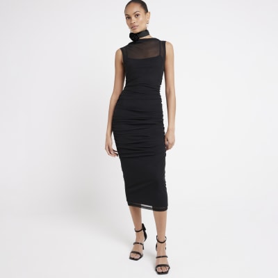 River Island Womens Black Mesh Ruched Bodycon Midi Dress