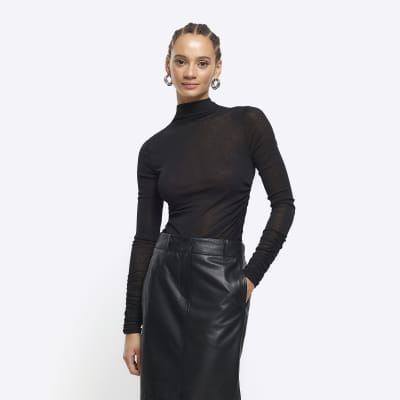 Black Mesh Ruched Long Sleeve Top River Island 