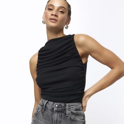 Topshop mesh ruched front sleeveless tank top in black