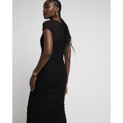 Black mesh stripe bodycon midi dress River Island