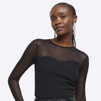 Black mesh sweetheart bodysuit River Island
