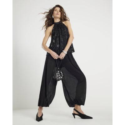 Black Mesh Tie waist Balloon Trousers