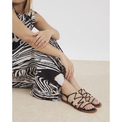 Black Metal Beaded Sandals