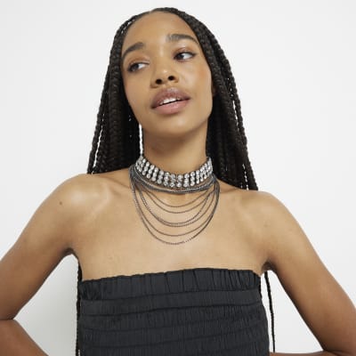 Black Metal Crystal Layered Collar Necklace River Island