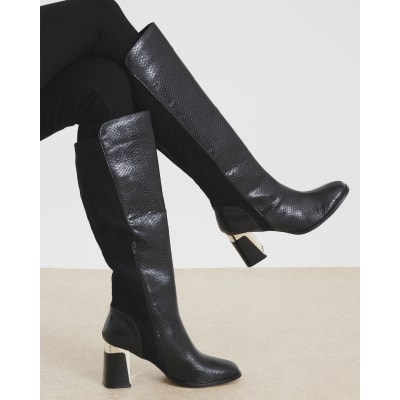 Black Metal Heel Knee High Boots
