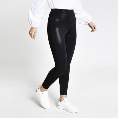 Black metallic coated leggings River Island