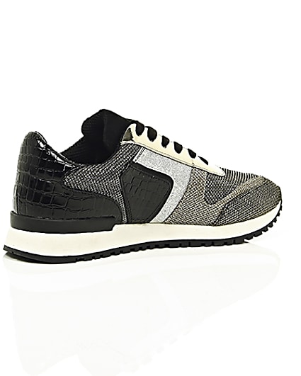 360 degree animation of product Black metallic croc lace-up runner trainers frame-12
