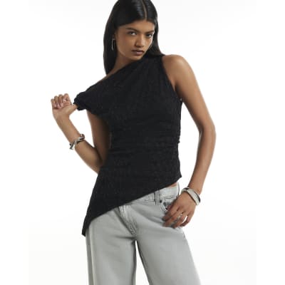 Black Metallic Drape Asymmetric Top