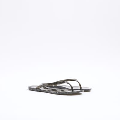 Black metallic jelly flip flop sandals River Island