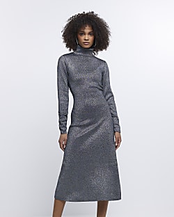 Black metallic knit long sleeve midi dress