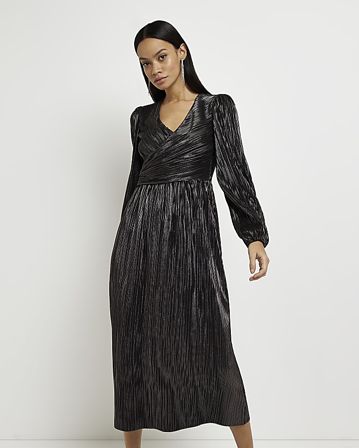 Black metallic plisse wrap midi dress