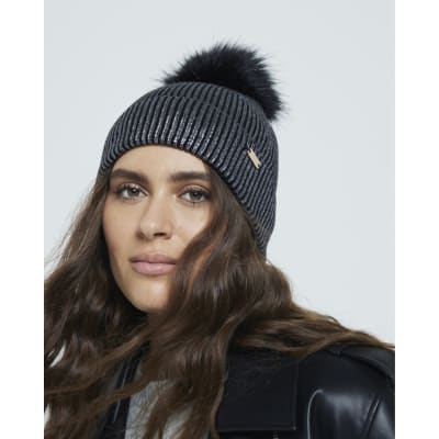 Black Metallic Pom Pom Beanie Hat River Island