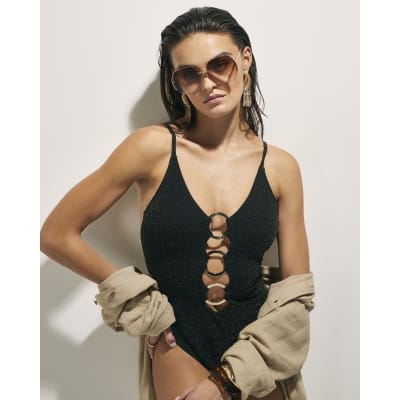Black Metallic Silver Ring Swimsuit