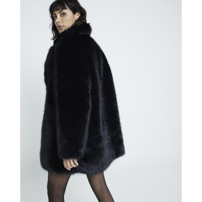 Black faux fur mid length coat clearance