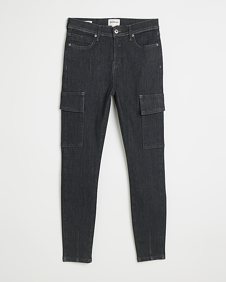 Black mid rise cargo skinny jeans