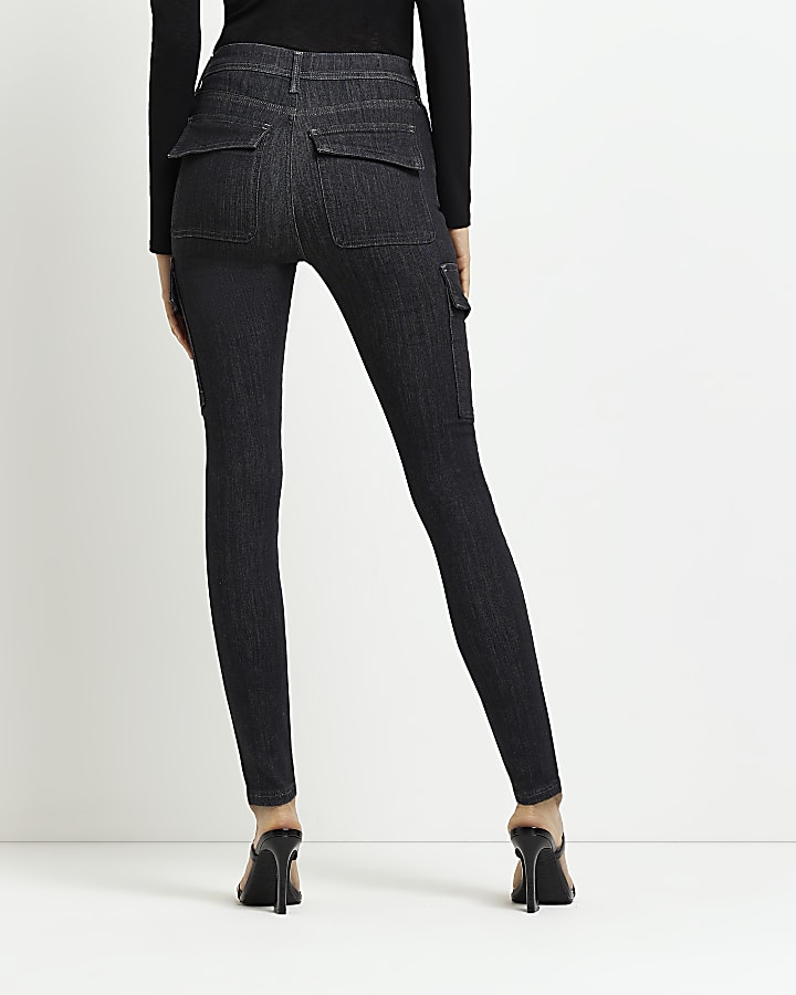 Black mid rise cargo skinny jeans