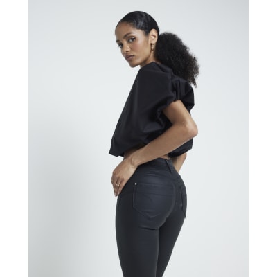 Black mid rise skinny coated jeans River Island