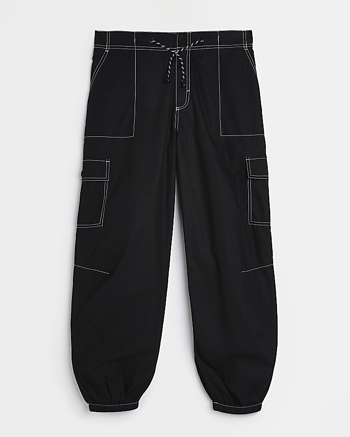 Black mid rise tapered parachute trousers