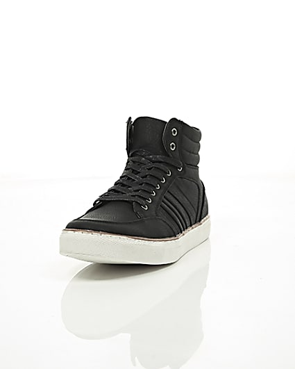 360 degree animation of product Black mid top lace-up trainers frame-2