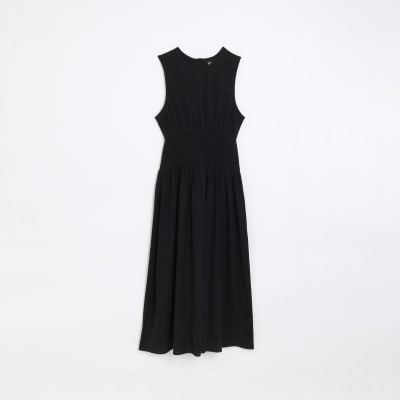 Black midi dress with linen River Island