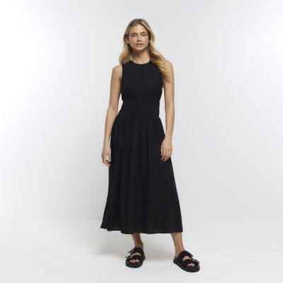 Black midi dress with linen River Island