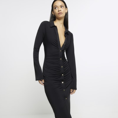 Black Midi Shirt dress River Island