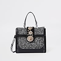 Black mixed textured lock front tote bag