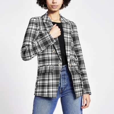Black monochrome check button front blazer