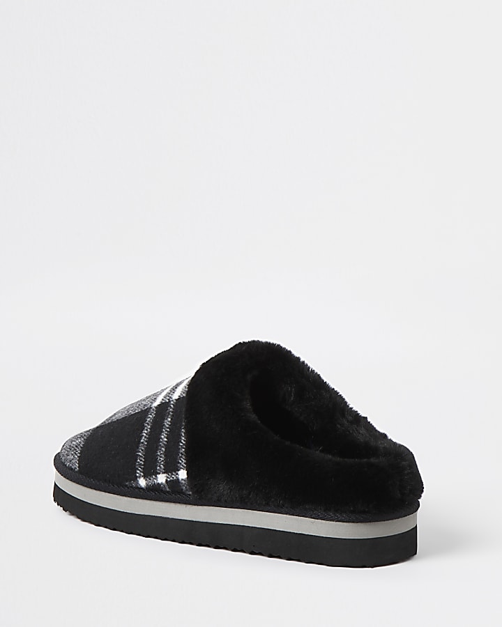 Black monochrome check mule slippers