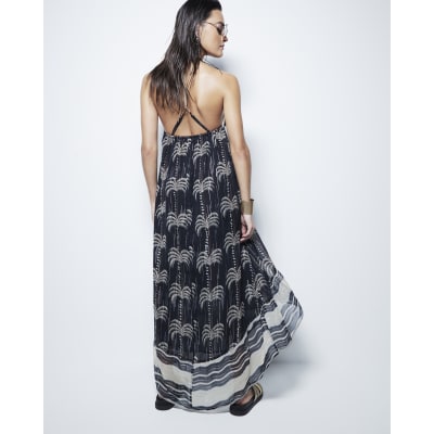 Black Monochrome Palm Print Maxi Dress River Island