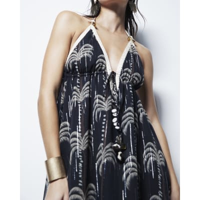 Black Monochrome Palm Print Maxi Dress River Island