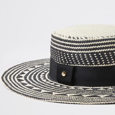 Black monochrome straw boater hat