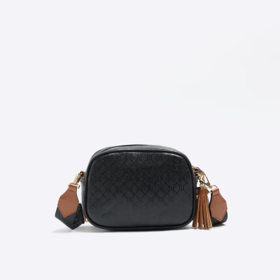 Black monogram cross body bag River Island