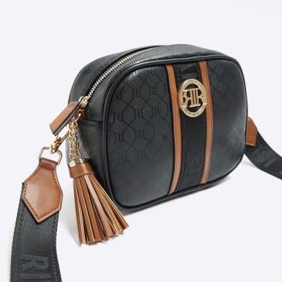 Black monogram cross body bag River Island