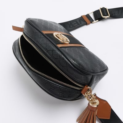 Black monogram cross body bag River Island