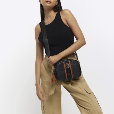 Black monogram cross body bag River Island