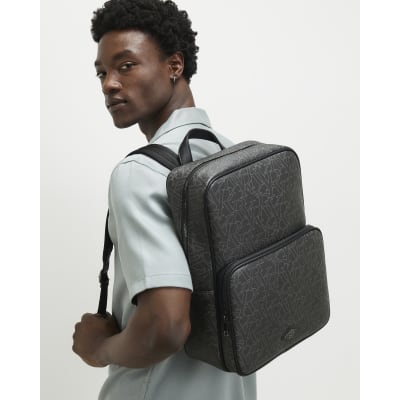Black Monogram Faux Leather Backpack