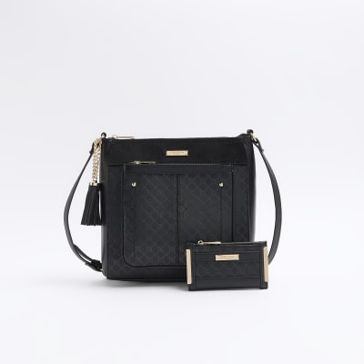 Black monogram messenger bag and purse bundle River Island