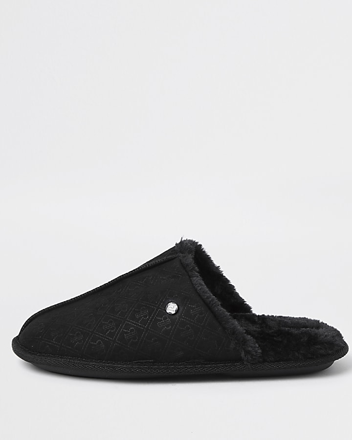 Black monogram mule slippers