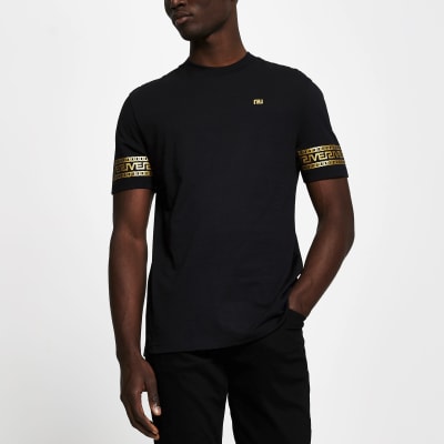 Black monogram sleeve slim fit T-shirt | River Island