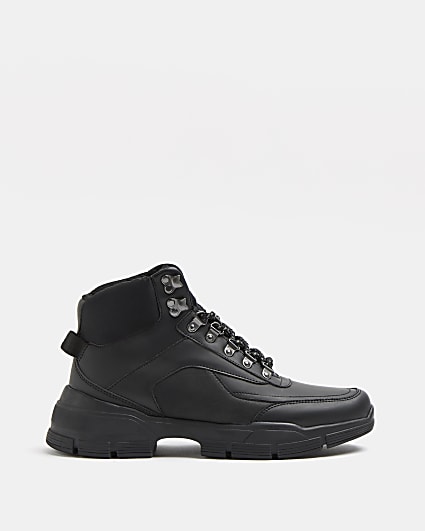 Black moulded sole lace up hiker boots
