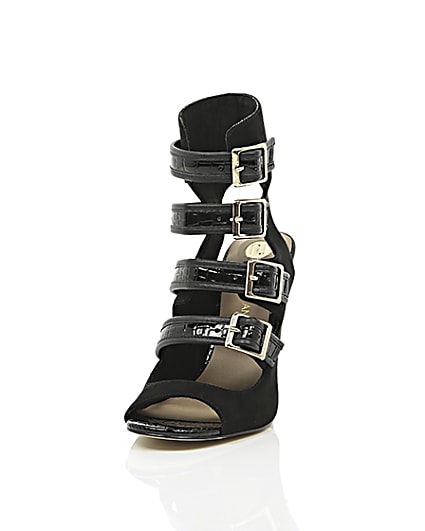360 degree animation of product Black multi buckle strap sandals frame-2