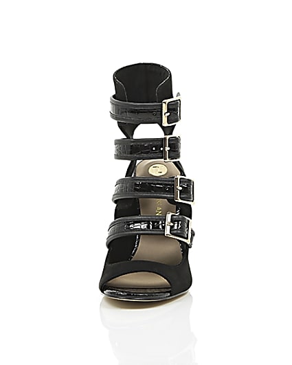360 degree animation of product Black multi buckle strap sandals frame-3