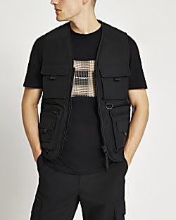 Black multi pocket utility vest gilet