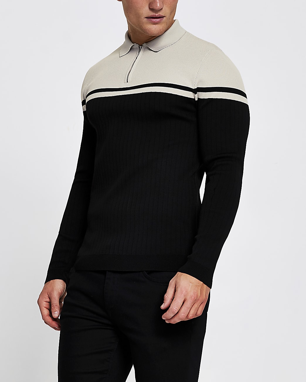 River Island Mens Black Blocked Muscle Fit Knitted Polo Shirt