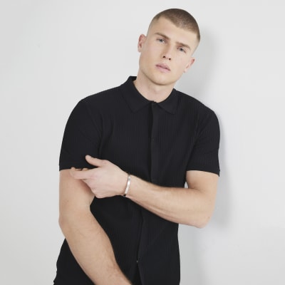Black muscle fit brick pointelle shirt