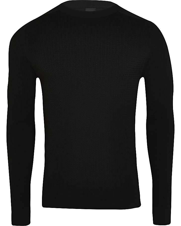 Black muscle fit cable knit jumper