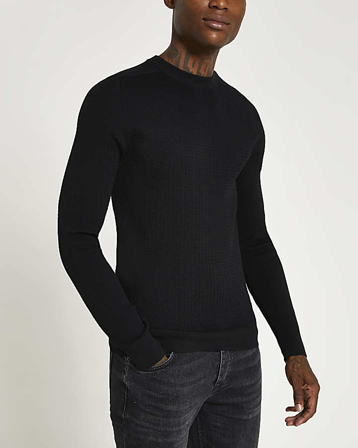 Black muscle fit cable knit jumper