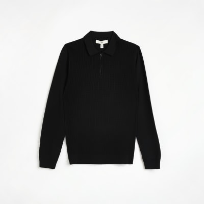 Black Muscle fit cable knit polo shirt River Island